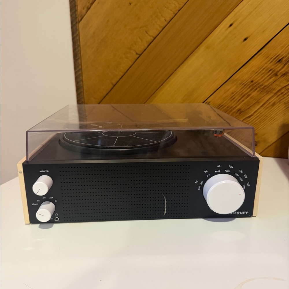 Black and White Turntable Record Player with Clear Cover